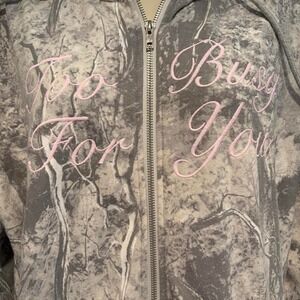 Cult Favorite Camo Zip Hoodie Womens Small Gray Pink Too Busy For You Y2K Fleece